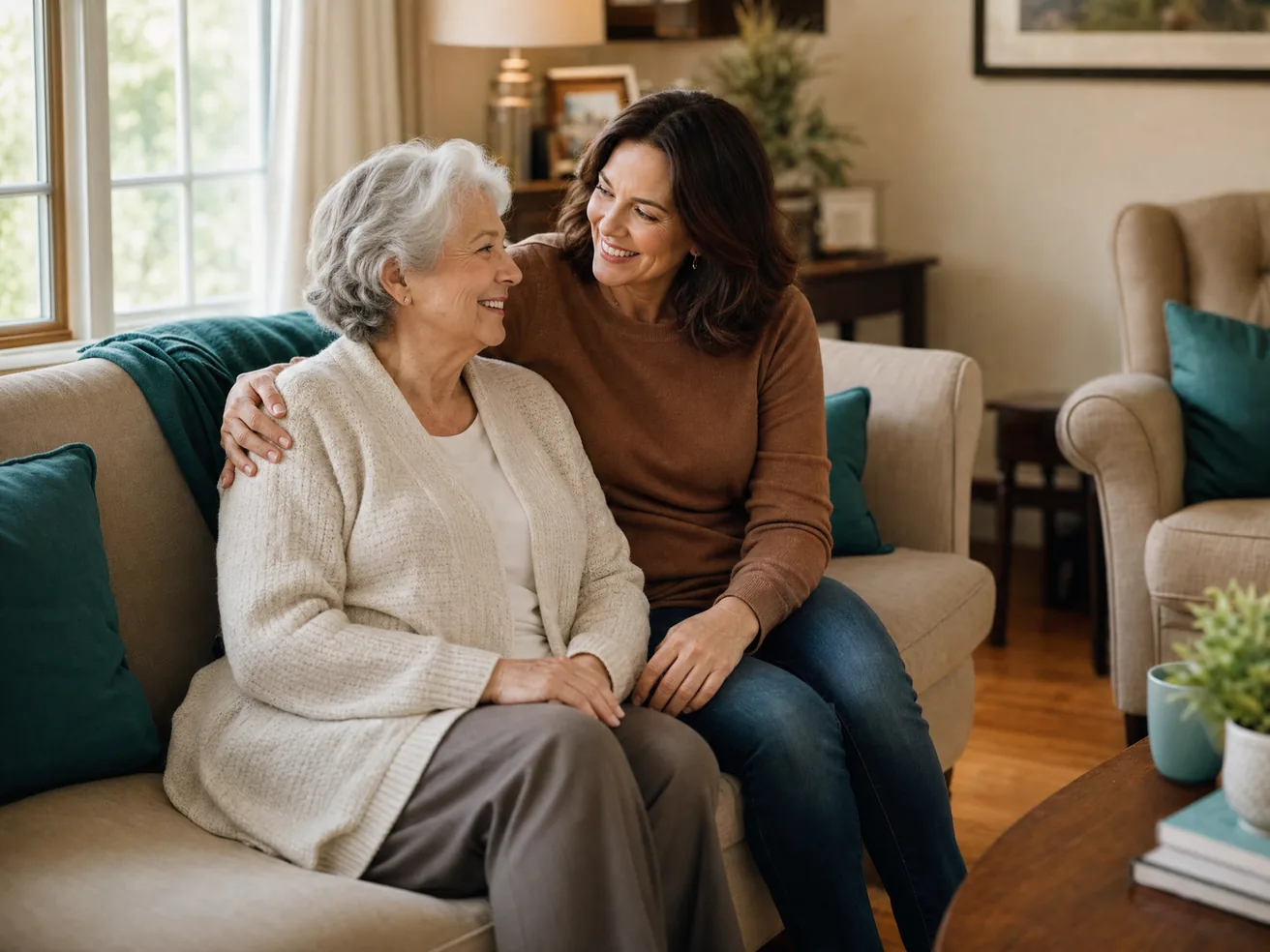 Smiling senior woman sitting close with her caring adult daughter in a warm, sunlit living room